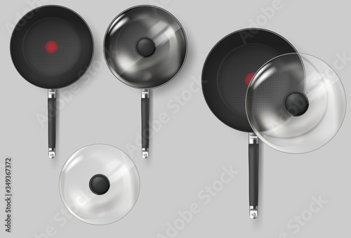 Realistic Classic fry pan with glass lid and handle. Vector