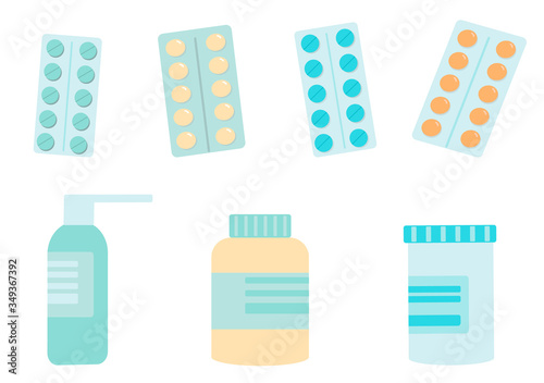 Set of Pills. Pharmacy and Medical concept. Tablets, sprays and capsules. Vector in flat design.