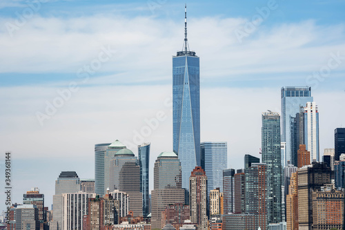 New York panorama. Night view of Manhattan. World Trade Center skyscraper. New York view daytime. Famous New York skyline. 