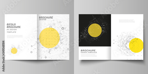 Vector layout of two A4 format modern cover mockups design templates for bifold brochure, flyer, booklet. Science or technology 3d background with dynamic particles. Chemistry and science concept.