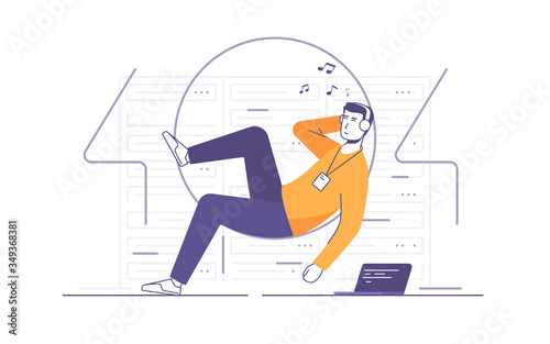 Vector illustration of a relaxed it technician, network engineer listening to the music in a server room. 404 error page