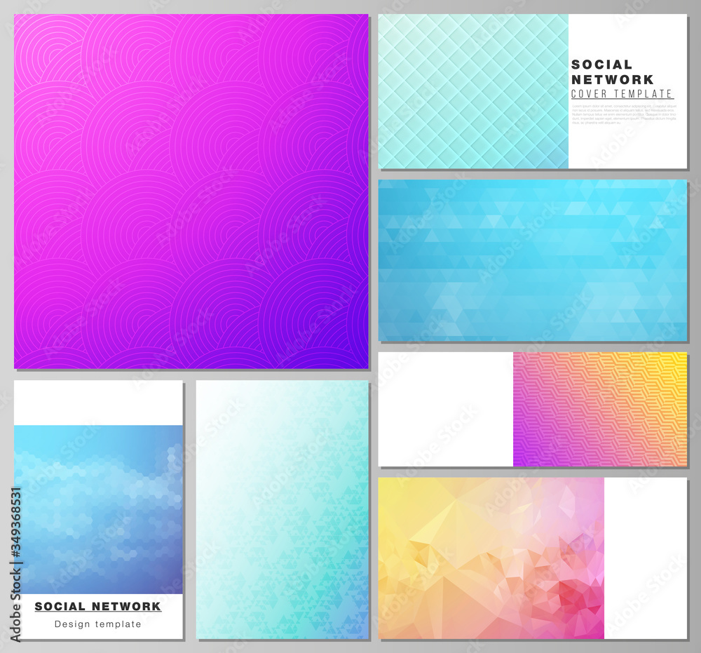 The minimalistic abstract vector illustration of the editable layouts of modern social network mockups in popular formats. Abstract geometric pattern with colorful gradient business background.