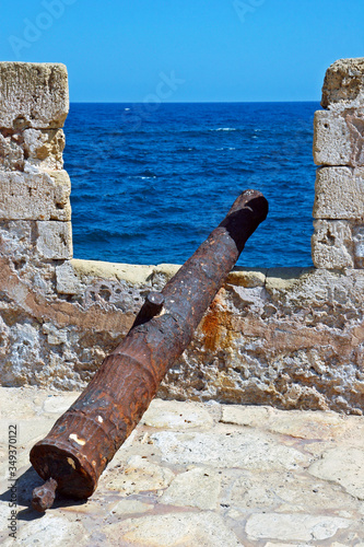 Old rusty cannon at the Firkas fortress. Chania, Crete, Greece