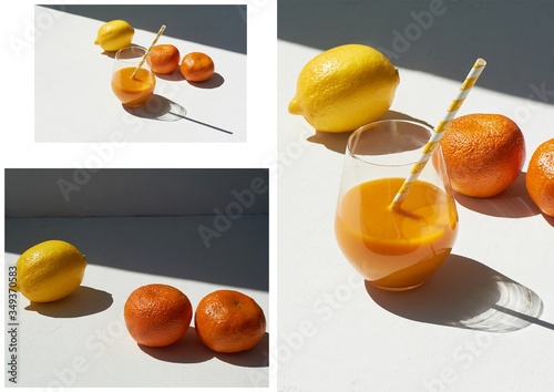 Tangerines and lemon, vitamins.Bright colors. Vitaminization of the body. Tangerine fresh juice with a paper tube.A buckthorn drink. Cooling summer drunk orange. photo