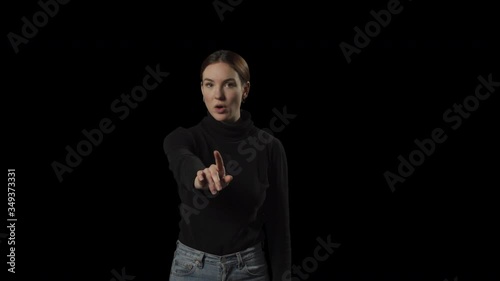 Young woman shaking index finger saying no. Transparent isolated alpha channel background.