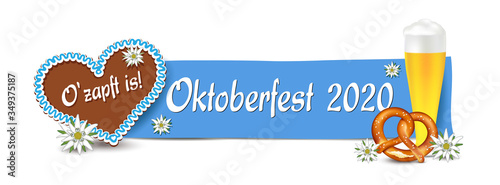Oktoberfest 2020 Banner mit Schild,
Lebkuchen Herz, Bier, Brezel und Edelweiss, 
Vektor Illustration isoliert auf weißem Hintergrund
