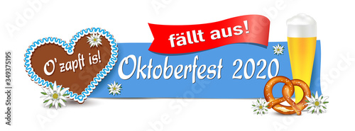 Oktoberfest 2020 „fällt aus“ Banner mit Schild,
Lebkuchen Herz, Bier, Brezel und Edelweiss, 
Vektor Illustration isoliert auf weißem Hintergrund
