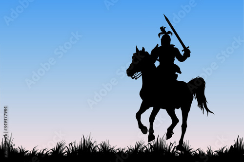 black silhouette of a medieval knight with a sword, galloping on a horse in a field, isolated image on the background of the dawn sky