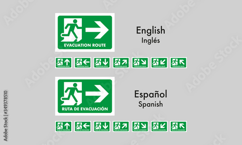 Evacuation Route" sign, mandatory civil protection sign, for printed signs in two idioms, english and spanish