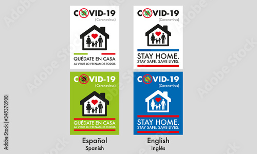 Printed poster of "quédate en casa" and "stay home" to prevent covid-19 (coronavirus) in two idioms, spanish and english