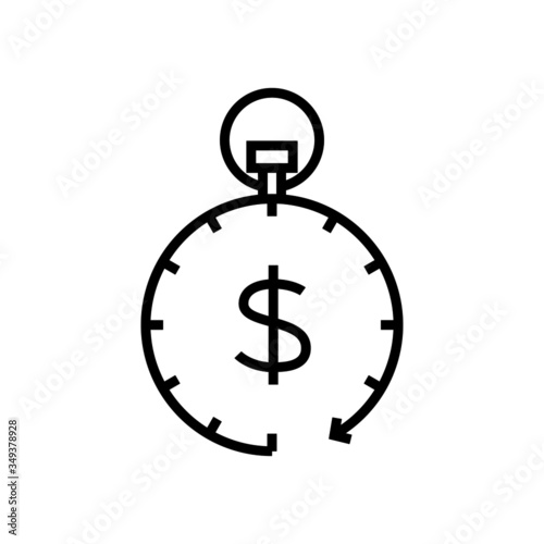time is money icon, dollar with clock sign in black flat design on white background