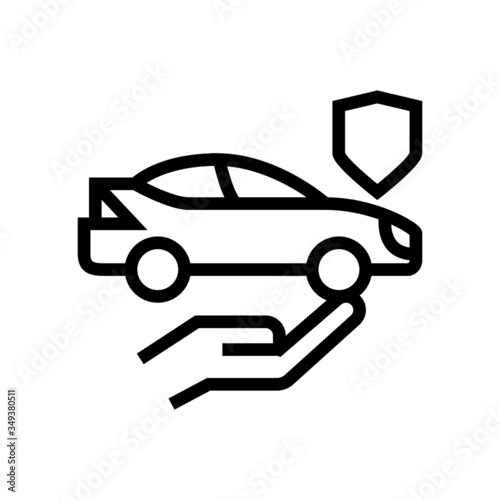 car protection icon, care and security for the automobile, car with shield icon, logo auto insurance icon in outline style on white background