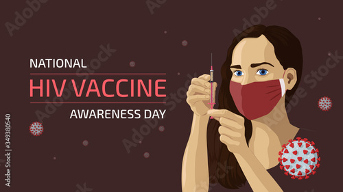 Detailed flat vector illustration of a woman with a face mask holding an experimental vaccine for HIV. Viruses floating around in the air. Feel free to also use only parts of the illustration.