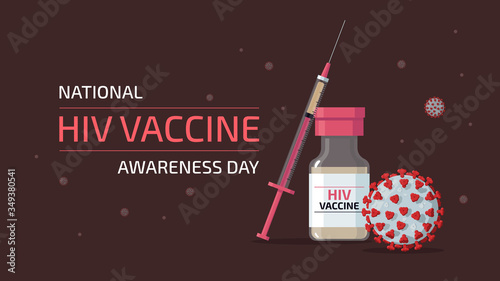 Detailed flat vector illustration of a syringe and a bottle containing experimental vaccine for HIV. Viruses floating around in the air. Feel free to also use only parts of the illustration.