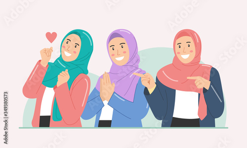 happy group of pretty best friends girls together. trendy muslim woman concept wearing hijab or headscarf