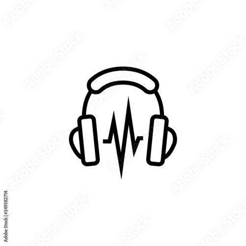 headphones with sound wave icon, music play icon in linear style on white background