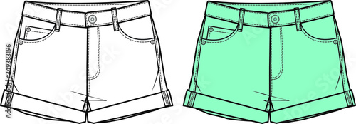 Short Pants, Fashion Flat Sketch Template, vector. Denim style classic short