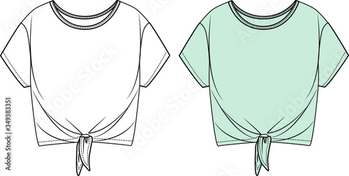 Women's TOP, T-Shirt, KNOT DETAIL Fashion Flat Sketch, apparel template.
