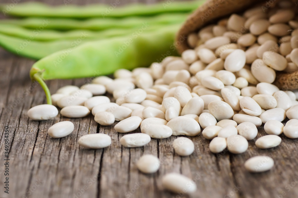 Uncooked dried white haricot beans in burlap sack with fresh raw green beans pod plant on rustic table. Heap of legume haricot bean background ( Phaseolus vulgaris ) Uncooked dried white haricot beans in burlap sack with fresh raw green beans pod plant on rustic table. Heap of legume haricot bean background ( Phaseolus vulgaris )