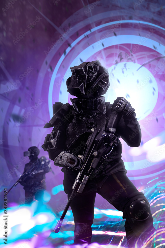 Robotic swat soldiers on a future city background. Robotic swat soldiers on a future city background.