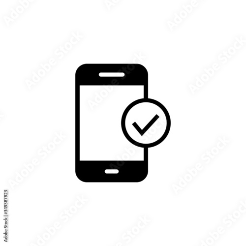 Phone confirmation icon in black flat on white background, Mobile phone icon with check sign