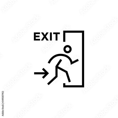 Emergency exit icon in black flat on white background,, escape route sign. Safe condition sign