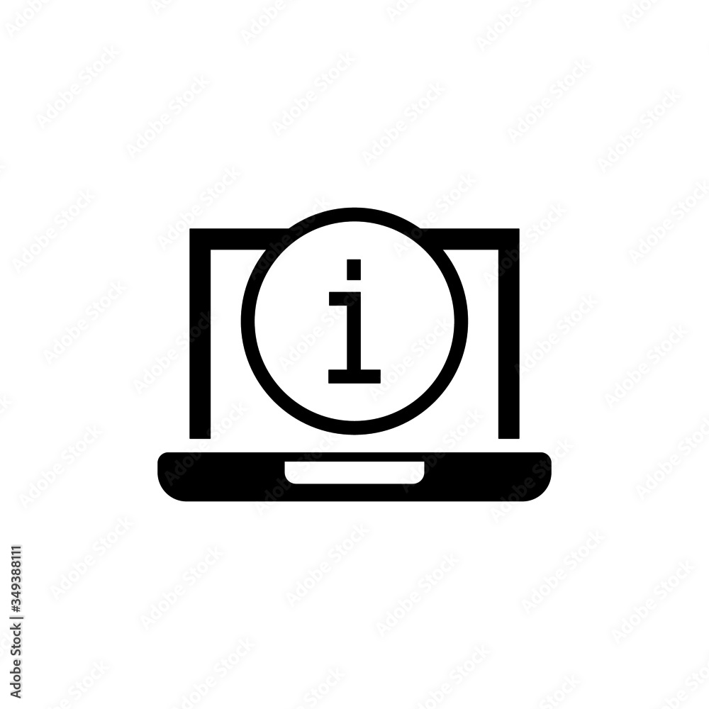 Laptop icon with information sign black flat style on white background, Notebook icon and about, faq, help, hint symbol Laptop icon with information sign black flat style on white background, Notebook icon and about, faq, help, hint symbol