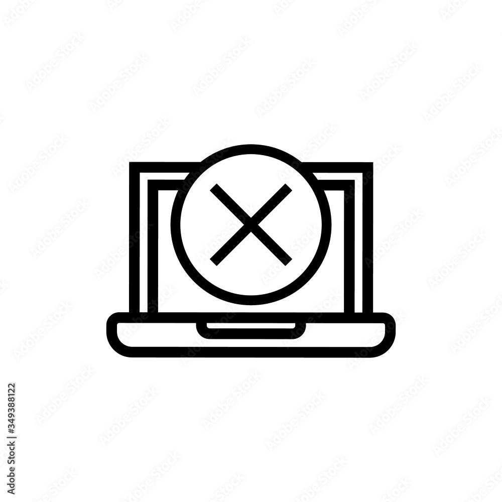 Laptop icon with cancel sign in lineart style on white background, Notebook icon and close, delete, remove symbol Laptop icon with cancel sign in lineart style on white background, Notebook icon and close, delete, remove symbol