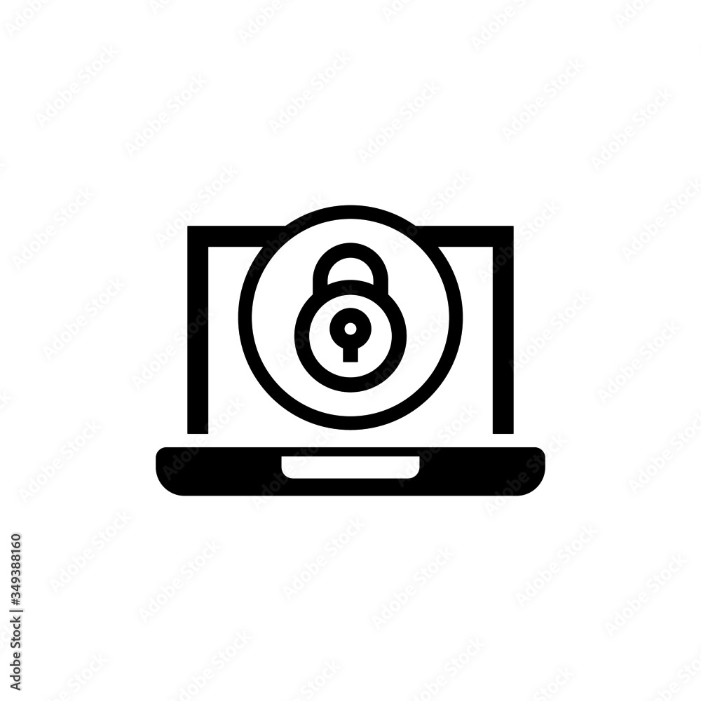 Laptop icon with padlock sign in black flat on white background, Notebook icon and security, protection, privacy symbol Laptop icon with padlock sign in black flat on white background, Notebook icon and security, protection, privacy symbol