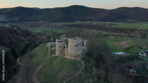 Bologa, Cluj/Romania-05.15.2019-Aerial view over Bologa fortress-a settlement from the time of the Roman Empire when it was called Resculum.The fortress is in the process of renovation with EU fonds photo