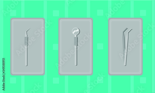 vector illustration of dental tray showing dental mirror and dental probe
