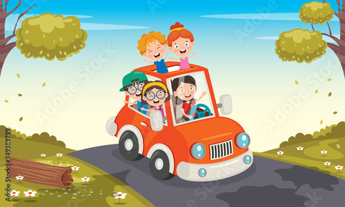 Cartoon Characters Travelling With Vehicle 