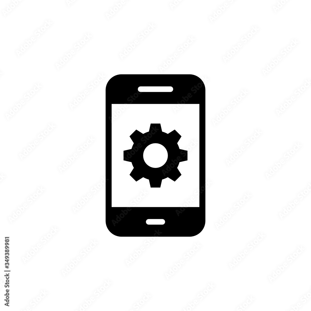Smartphone icon settings sign in black flat design on white background, Smartphone icon settings sign in black flat design on white background,