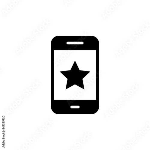 Smartphone or phone receiving message icon with star sign, best, favorite, rating symbol in black flat design on white background,