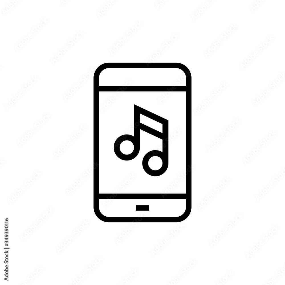 Smartphone with musical note icon in outline style on white background, Mobile phone music outline vector icon, Symbol, logo illustration, Vector graphics Smartphone with musical note icon in outline style on white background, Mobile phone music outline vector icon, Symbol, logo illustration, Vector graphics
