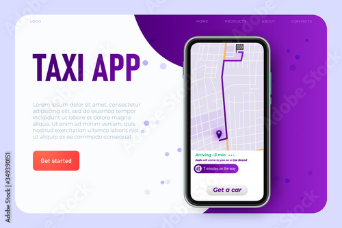 get taxi app illsutration concept, online map on the tablet, GPS on the city map. Isometric website app. Landing web page template