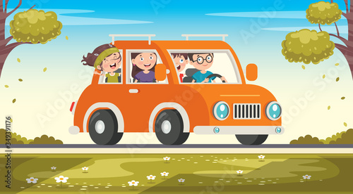 Cartoon Characters Travelling With Vehicle 