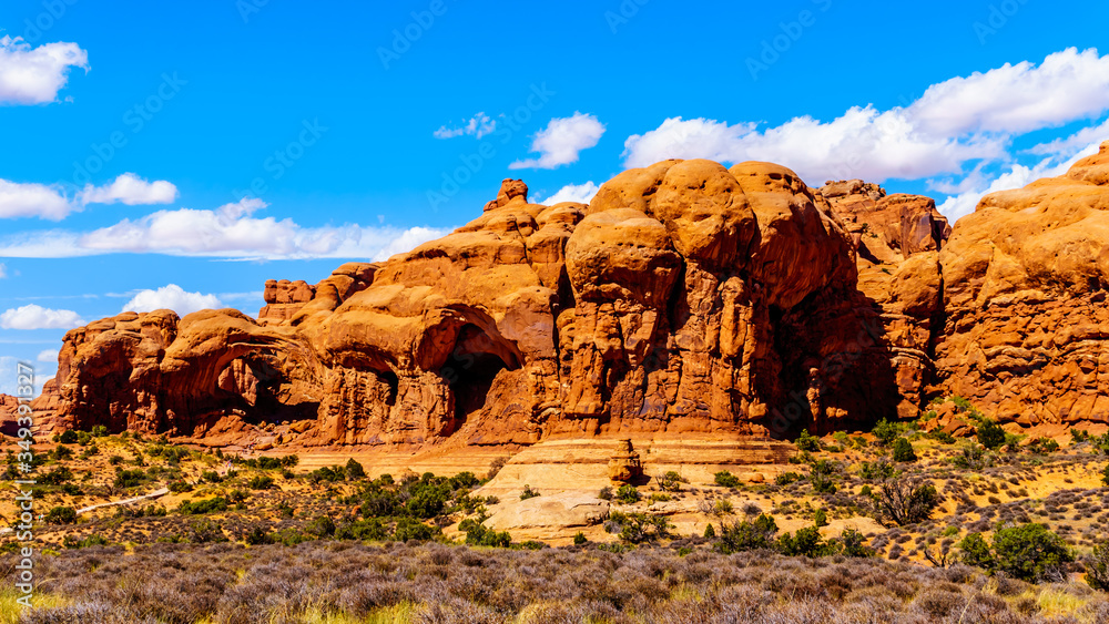 Unique Red Sandstone Rock Formations at Double Arch in Arches National Park near the town of Moab in Utah, United States