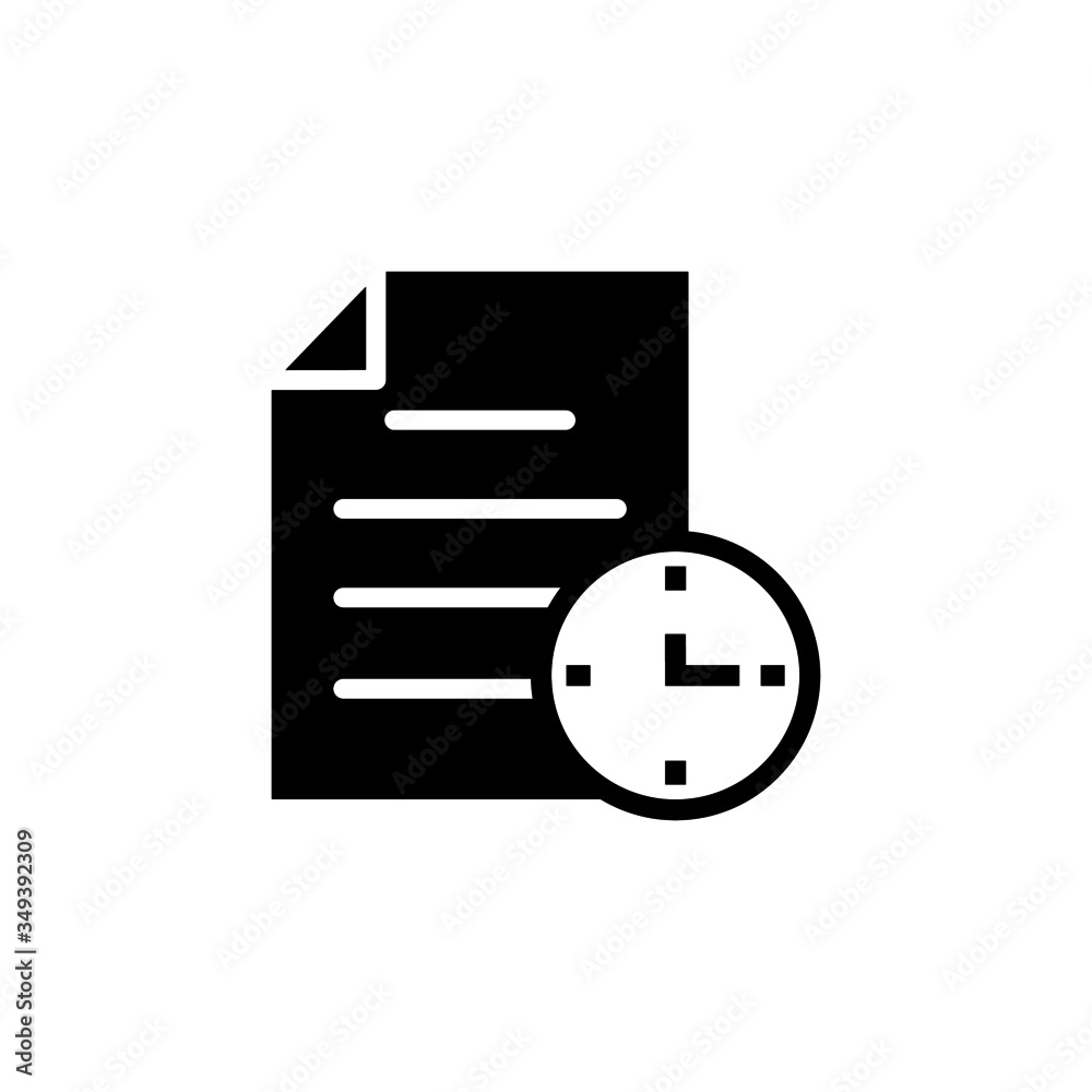 Document icon with clock sign icon in black flat on white background, Document icon and countdown, deadline, schedule, planning symbol, Vector icon Document icon with clock sign icon in black flat on white background, Document icon and countdown, deadline, schedule, planning symbol, Vector icon