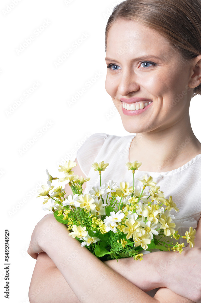 Beautiful young woman with flowers posing isolated on white background Beautiful young woman with flowers posing isolated on white background