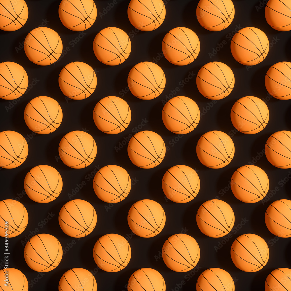 Repeating sports ball pattern with black background, 3d rendering.