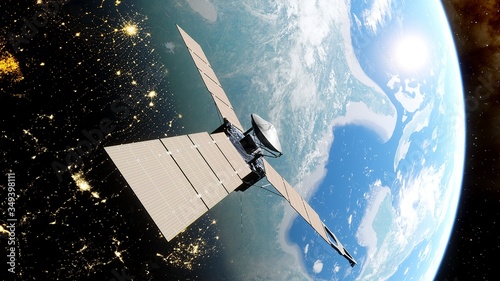 realistic satellite in orbit of the Earth, artificial satellite of telecommunications, satellite communications from Earth orbit, probe in Earth orbit 3d render