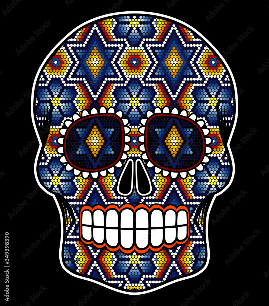 vector illustration of colorful beaded skull inspired in mexican huichol art and traditional sugar skull from Mexico. Popular symbol of 