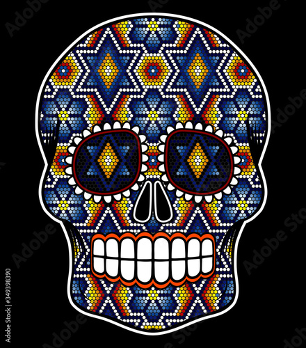 vector illustration of colorful beaded skull inspired in mexican huichol art and traditional sugar skull from Mexico. Popular symbol of "dia de muertos". Isolated on black background