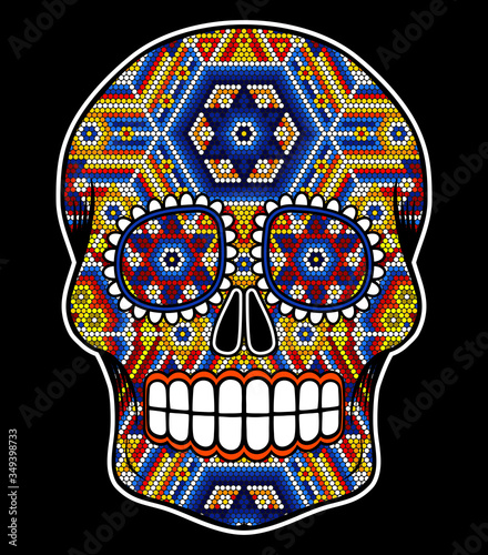 vector illustration of colorful beaded skull inspired in mexican huichol art and traditional sugar skull from Mexico. Popular symbol of "dia de muertos". Isolated on black background