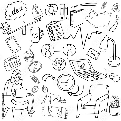 Work online. Sketch. Business collection. Set of vector elements. Outline on an isolated white background. Doodle style. Coloring book for children. Home Office. Lettering. Stay safe. Freelance. 