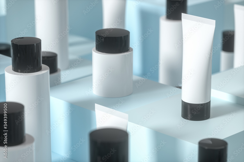 Blank cosmetic bottle with cubic background, 3d rendering.