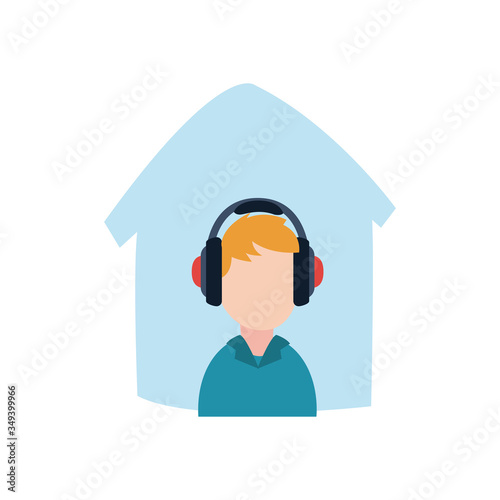 Avatar man with headphone staying at home flat style icon vector design