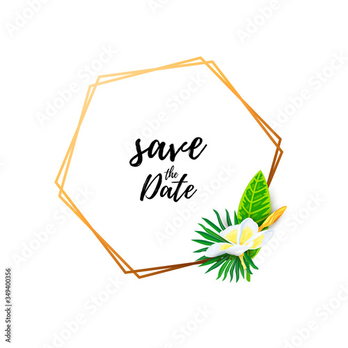 Tropical leaves and Frangipani flower vector illustration. Place for text. Backdrop for summer sale, vacation, poster, SPA flyer, beauty offer, invitation, baby shower, wedding, bridal shower