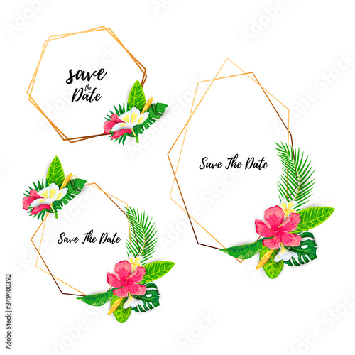 Tropical leaves, plumeria and hibiscus flowers vector illustrations set. Place for text. Backdrops for summer sale, vacation, SPA flyer, beauty offer, invitation, baby shower, wedding, bridal shower